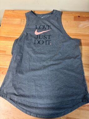 Nike Gray Athletic Tank with Pink Swoosh 'LOVE JUST DO IT.'- Size Medium